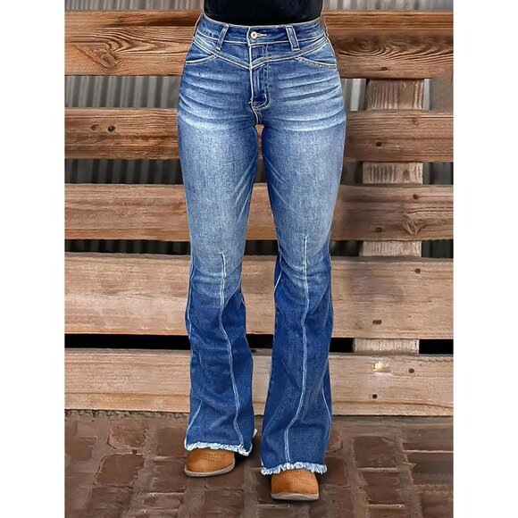 High Waisted Bootcut Jeans Women Stretchy Butt-Lifting Frayed Hem - Picture 2 of 5